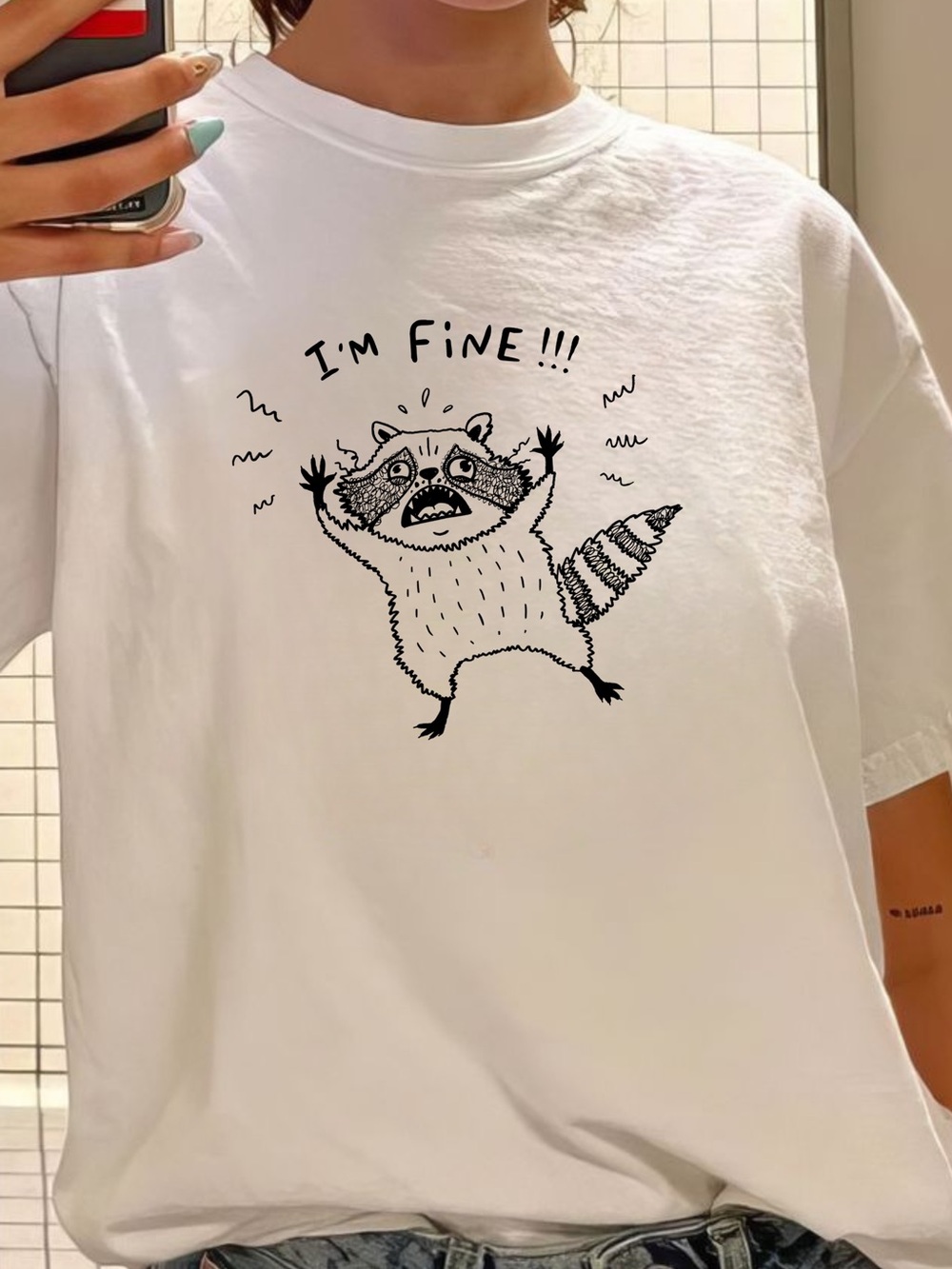 Gildan White 'I'm Fine!!!' Raccoon Graphic Tee, Funny Raccoon Shirt